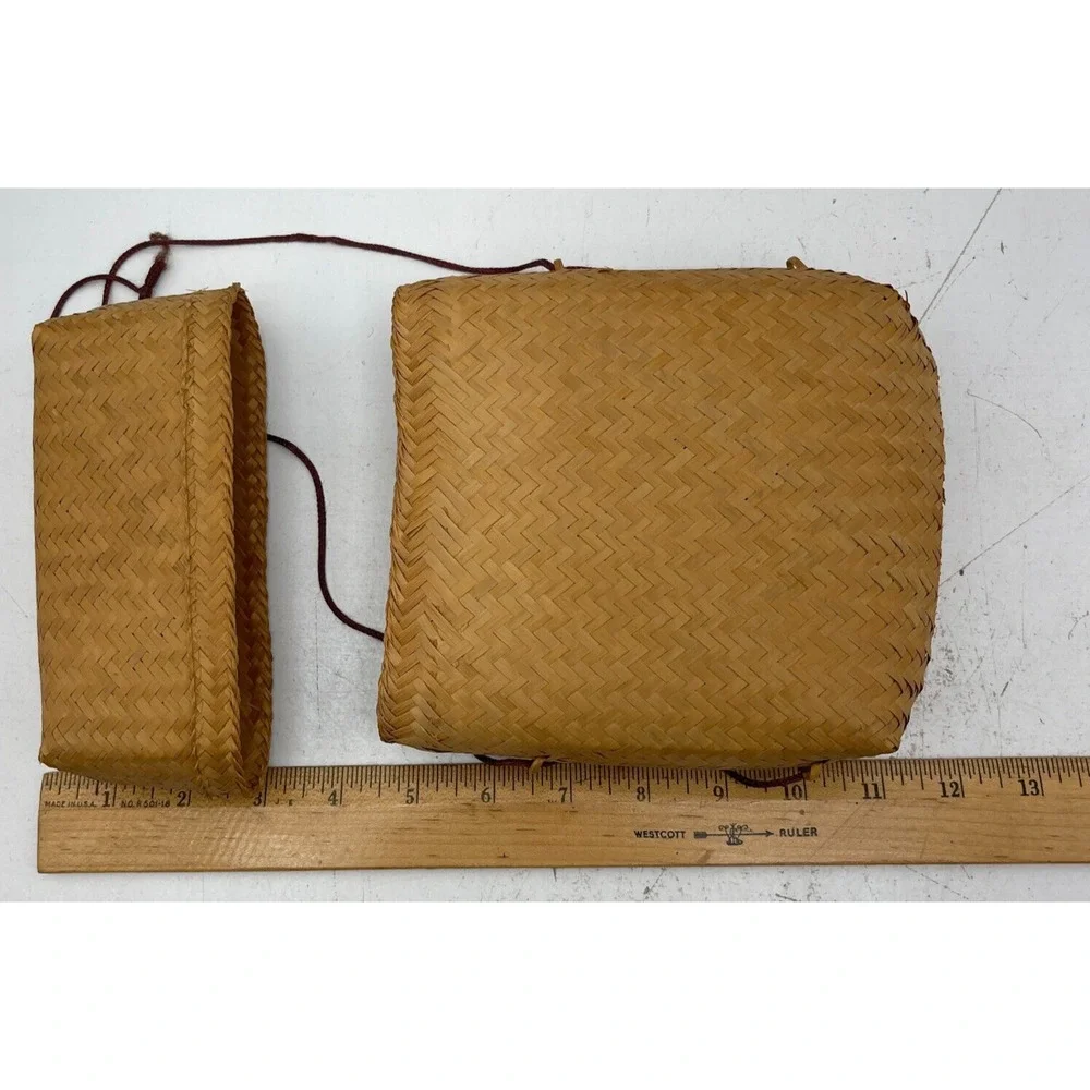 Handmade Woven Bag Backpack Vintage Basket Tan Bamboo With Lid & Chinese Coin